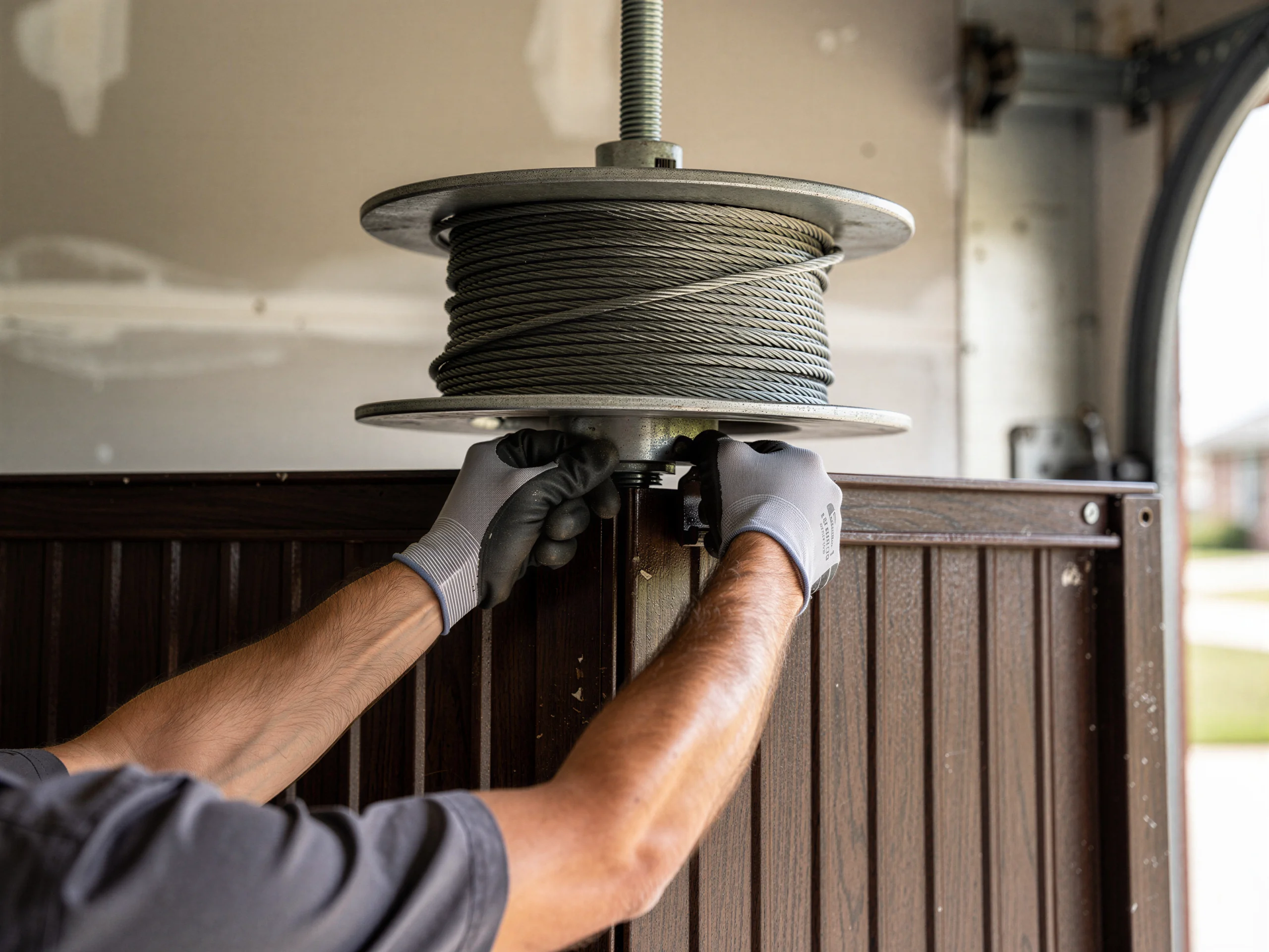 A technician's gloved hands adjust a garage door cable drum.