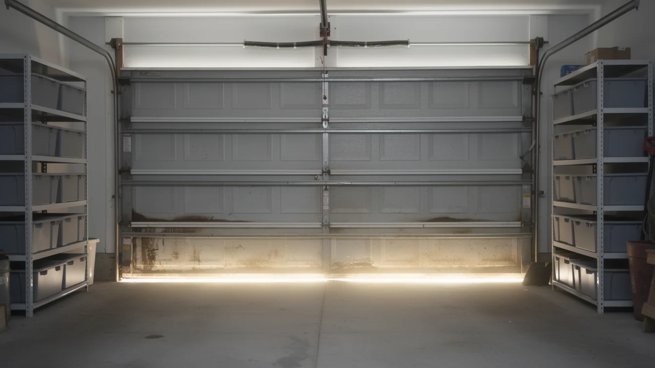 A gray garage door is partially open with light shining underneath.