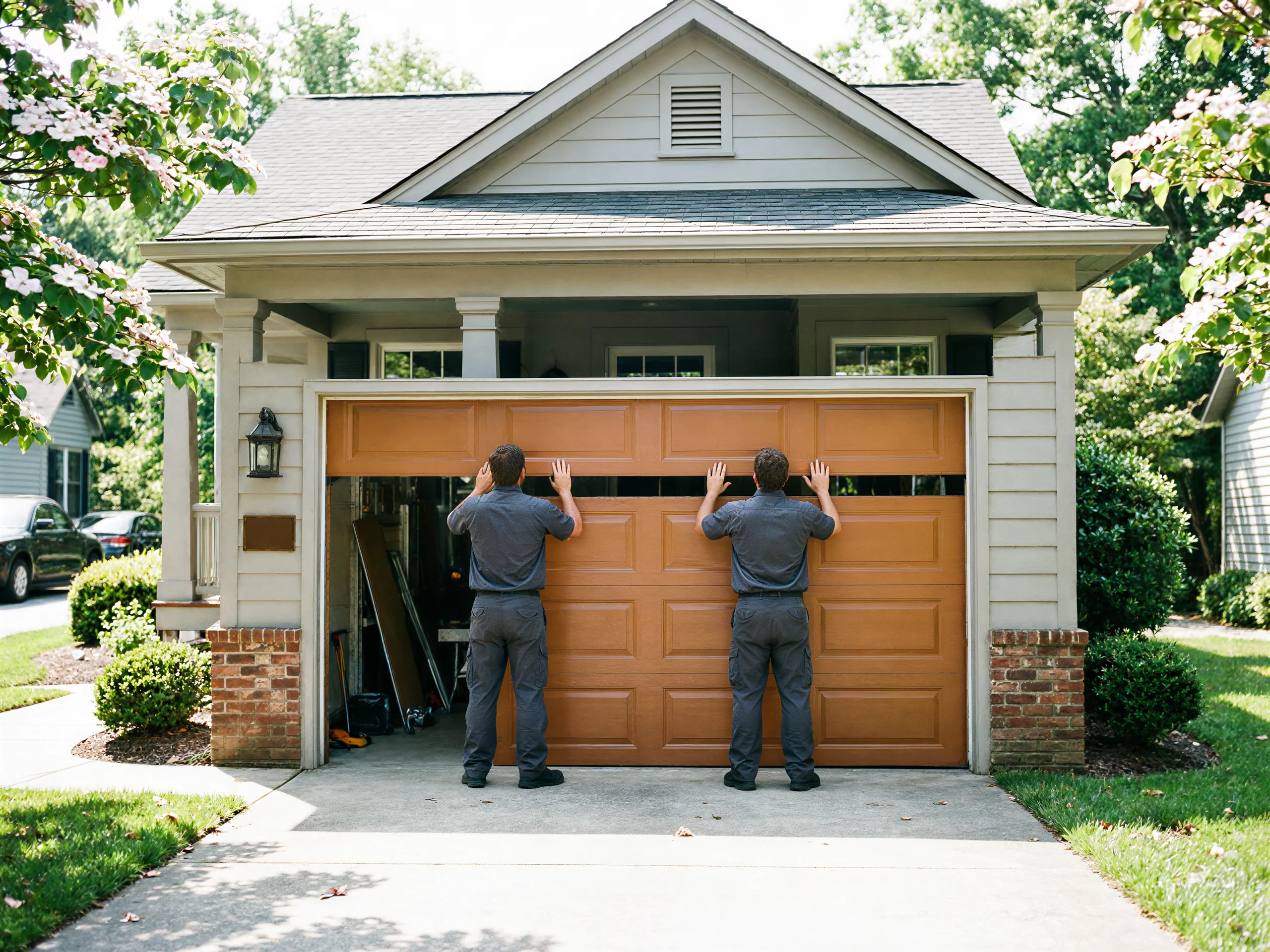 Two technicians are installing a brown paneled garage door on a house.