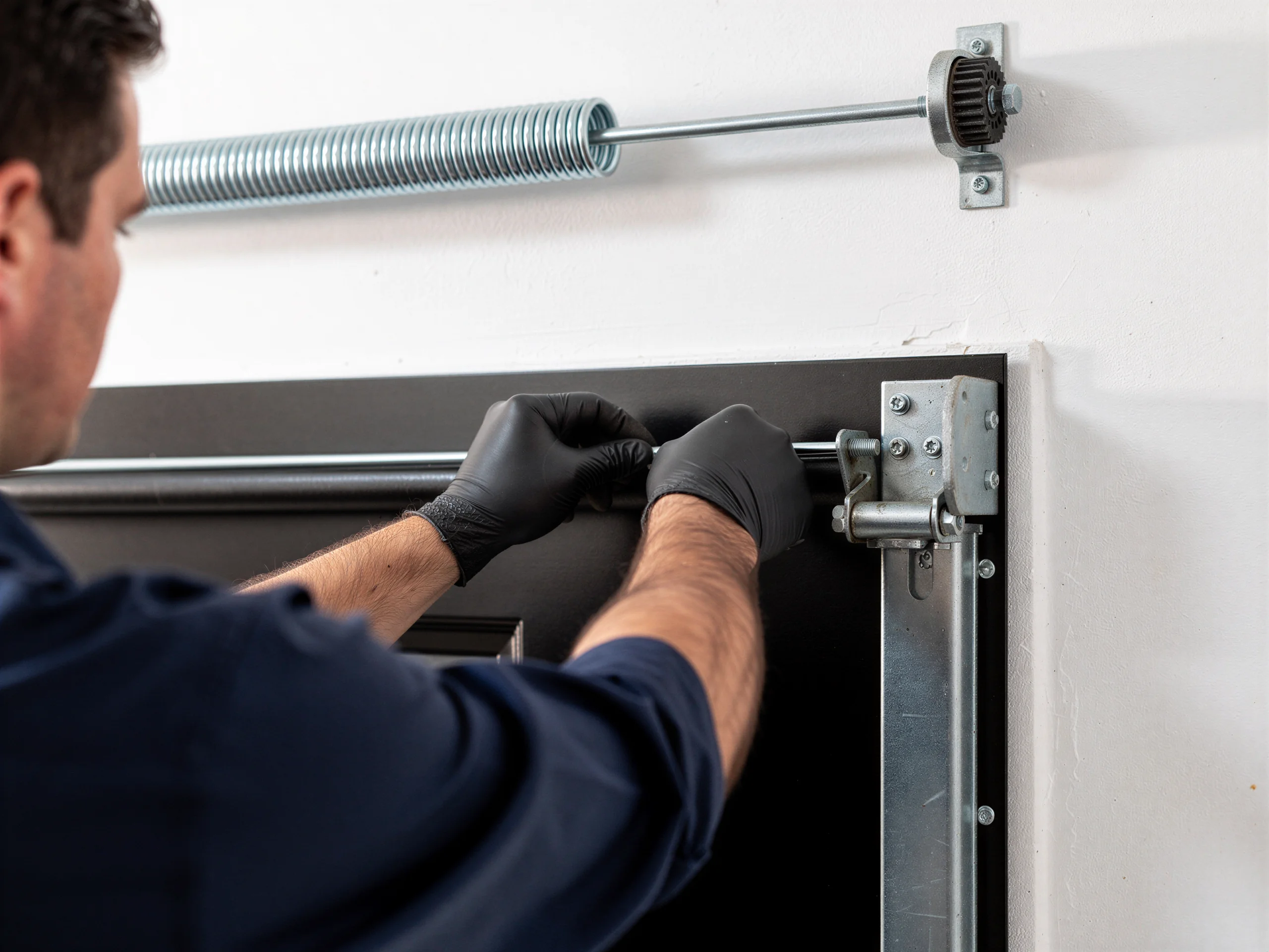 A technician in black gloves works on a black garage door with a spring above.