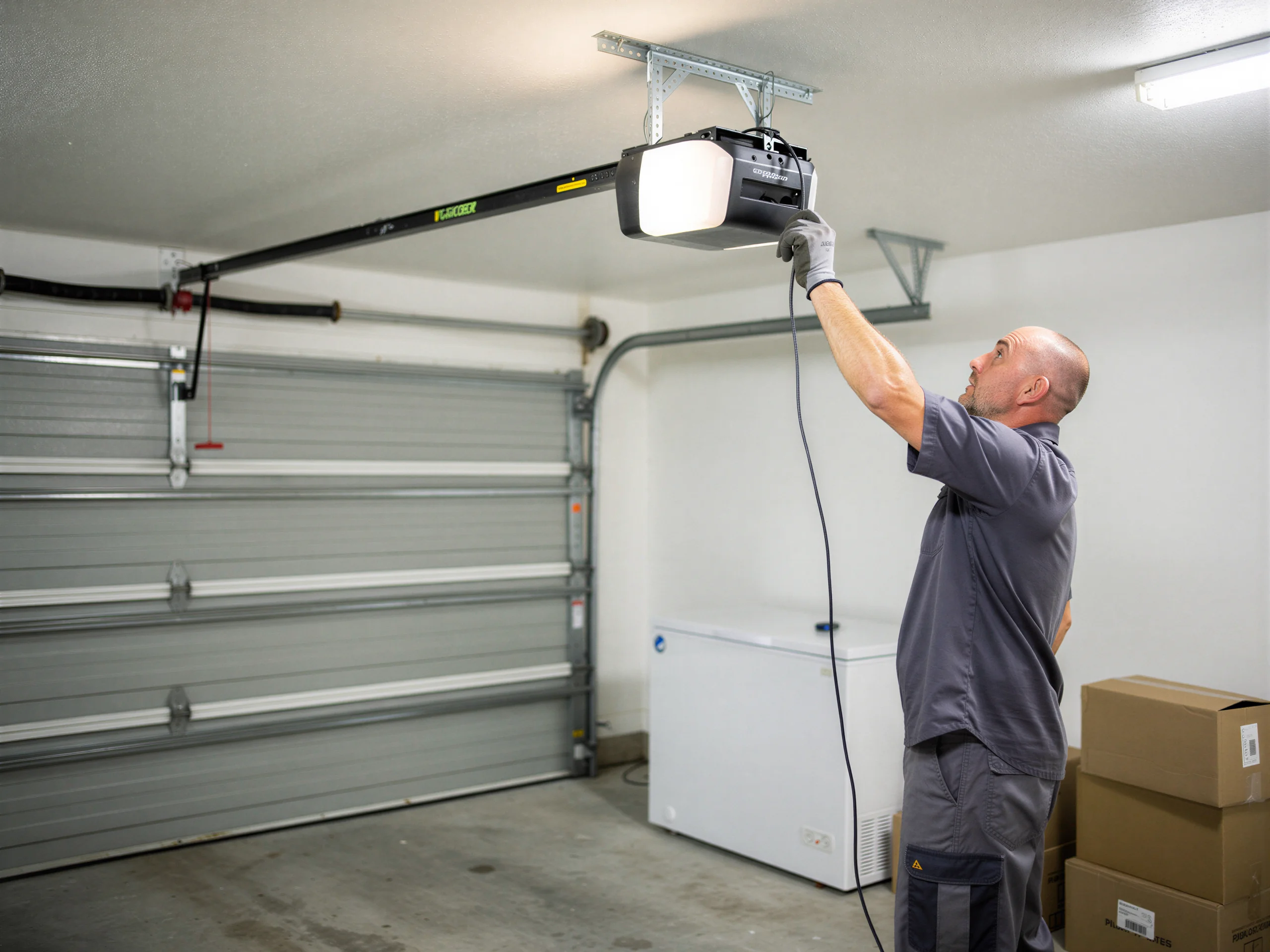 A technician adjusts a garage door opener above a closed gray garage door.
