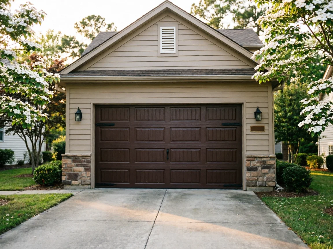 The brown garage door is on a tan house with stone accents and white flowering trees.