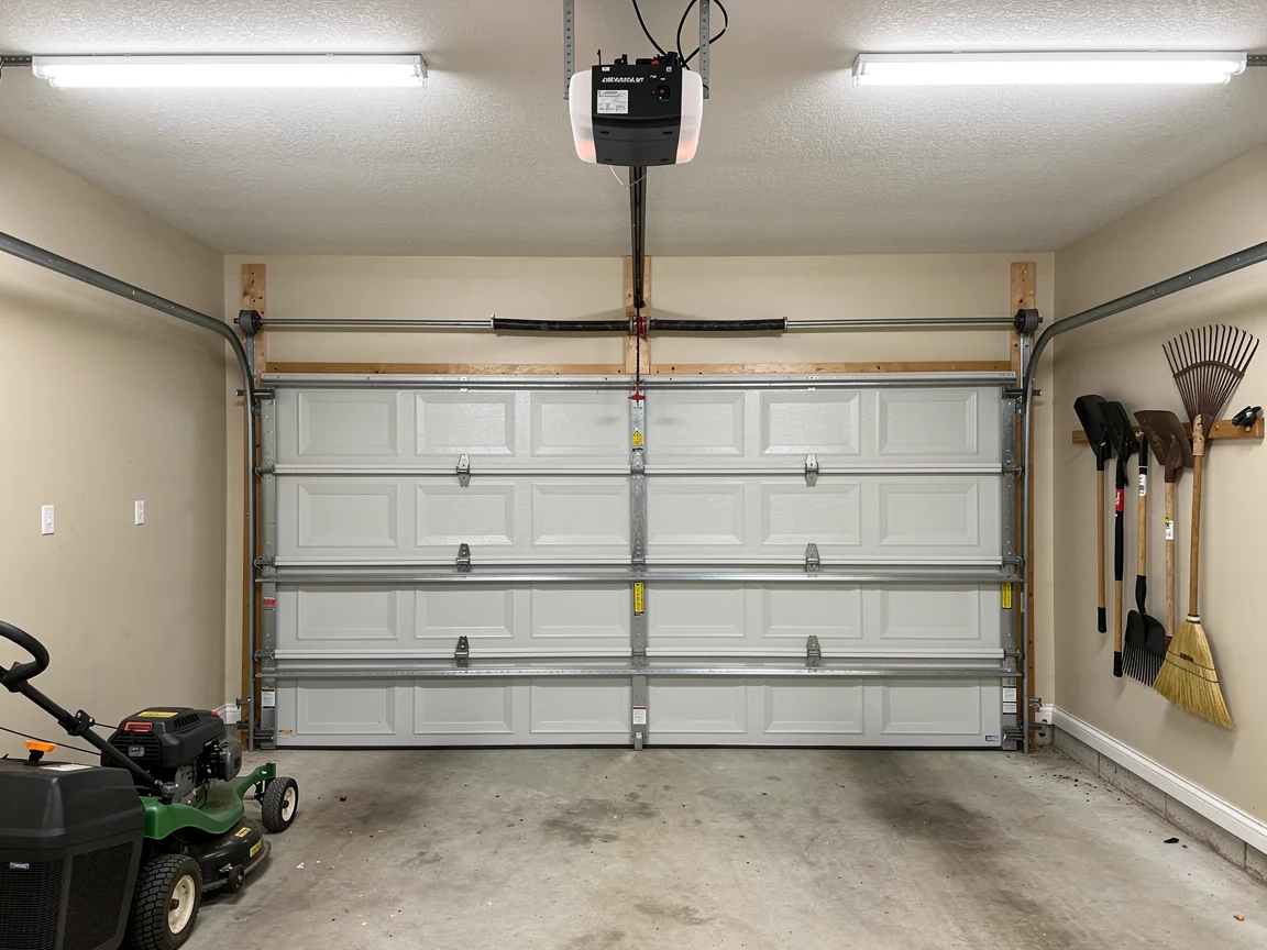 The garage door is closed, with an opener and torsion spring visible.