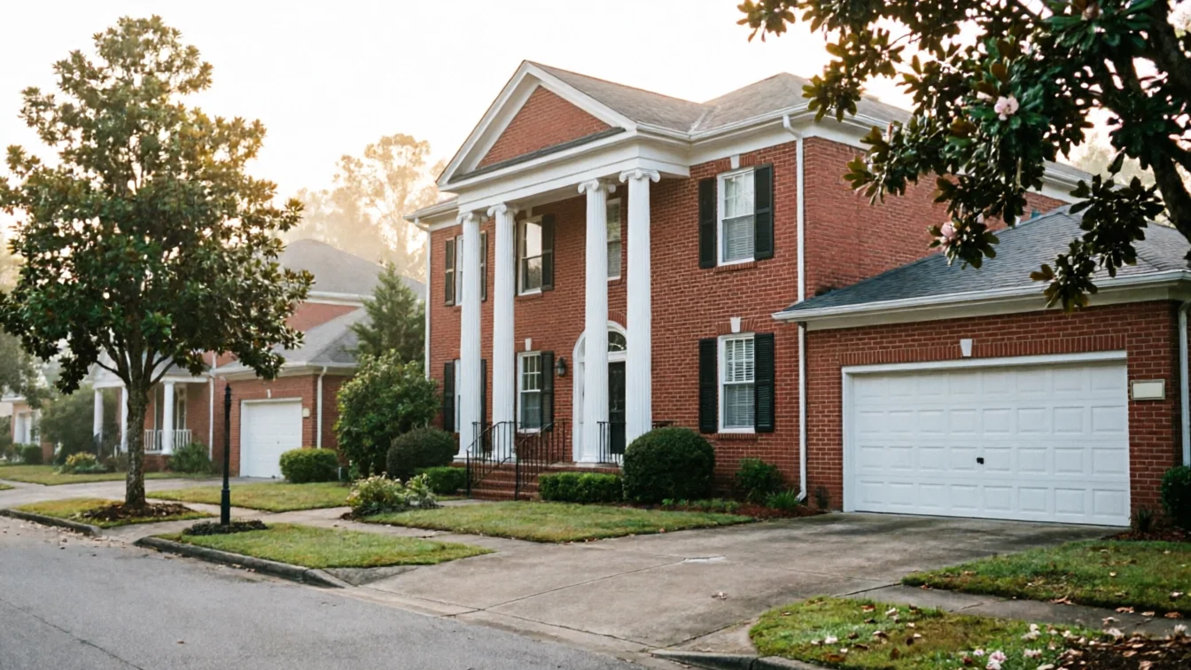 A large red brick house with a white garage door and white columns.